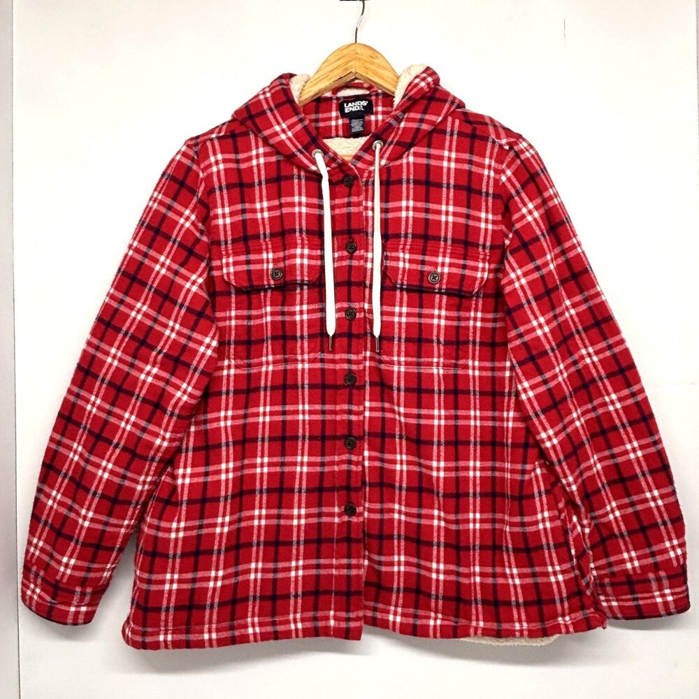 Lands' End Hooded Flannel Jacket Sherpa-Lined Shacket Red/Wht/Blue Med 10-12